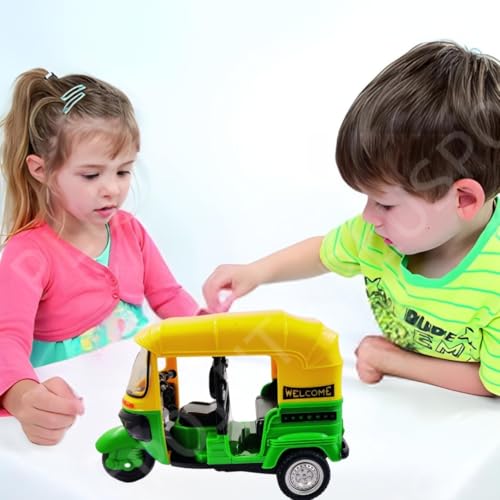 Image of PLUSPOINT Auto Rickshaw Toy,with Pull Back Action City Traffic Vehicles Public Transport Toy with Light and Sound for Aged 3 4 5 6 Boys and Girls,Kids Party Favors Gifts (Green)