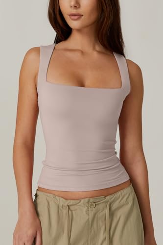 Image of QINSEN Women's Square Neck Sleeveless Double-Layer Tank Tops Basic Tight T Shirts