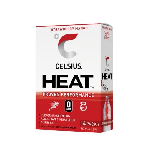 CELSIUS HEAT On-the-Go Performance Energy Powder Stick Packets, Strawberry Mango (Pack of 14)