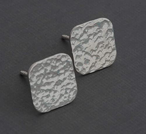 10mm square hammered sterling silver geometric disc stud for men women