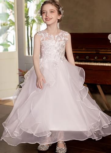 Lace Applique Flower Girl Dresses for Wedding Tulle Ruffles Princess Pageant Ball Gown Sleeveless First Communion Dress2