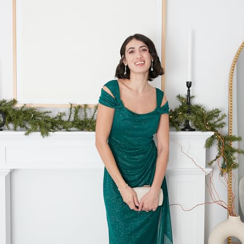 Image of Alex Evenings Women's Long Cold Shoulder Dress, Mother of The Bride, Formal Events, Emerald Glitter, 4 Petite