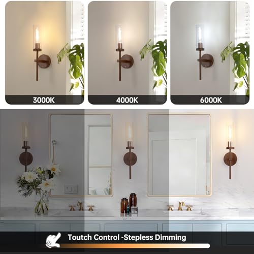 Image of Shenmoyl Battery Operated Wall Sconces Set of 2, Walnut Color Rechargeable Wall Lighting Fixtures, Dimmable Wall Lights with Remote & Clear Glass Shade for Living Room, Bathroom,Bedroom
