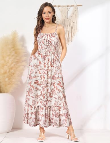 Image of GRACE KARIN Summer Dresses for Women 2026 Vacation,Smocked Floral Maxi Dress,Boho Beach Sundress with Pocket Fashion Clothing