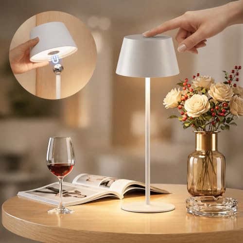 Aigostar Lámpara de Mesa Magnética sin Cable, Dirección de Luz Ajustable, Lámpara de Mesita de Noche de Metal, Táctil con 3 Modos y Brillo Ajustable, IP44 para Interior y Exterior   Blanco