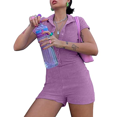 FeMereina Women Y2K Short Sleeve Bodycon JumpsuitV Neck Button Print Pattern Overalls Playsuit Sexy One Piece Rompers - Image 2