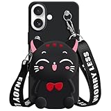 SGVAHY Wallet Case for iPhone 16 Plus with Strap Lanyard Cute Cat Black Coin Purse Funny Phone Case Kawaii Soft Silicone Shockproof Cover for Women Girls