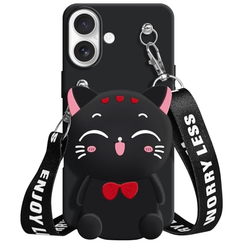 SGVAHY Wallet Case for iPhone 16 with Strap Lanyard Cute Cat Black Coin Purse Funny Phone Case Kawaii Soft Silicone Shockproof Cover for Women Girls by SGVAHY - Used condition - US$7.68