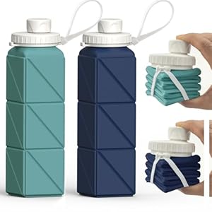 Collapsible Water Bottles 20.6oz 2 Pack, Silicone Foldable Portable Travel Water Bottle, BPA-free, Reusable Leakproof for Traveling Camping Hiking Cycling Sports Outdoor (Blue+Darkblue)