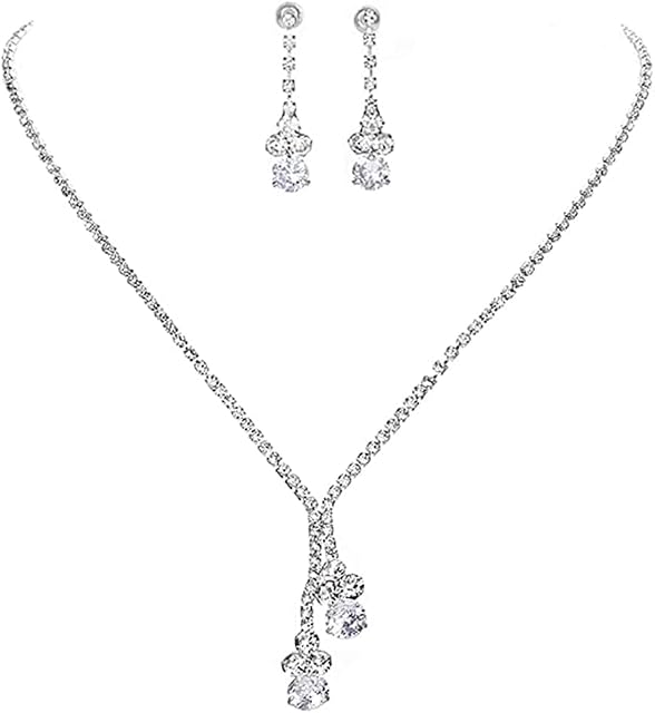 Ushiny Bridal Wedding Jewellery Set Silver Sparkly Rhinestone Necklace and Earrings Set Crystal Dangle Drop Earring Necklace Jewellery Set for Women and Girls