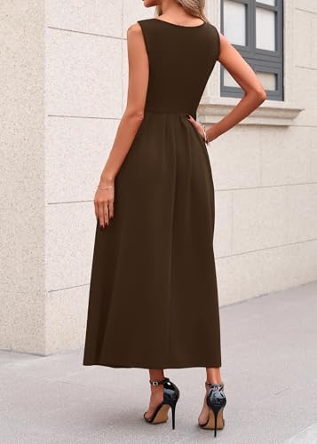 Lazysmile Summer Sleeveless Maxi Dresses for Women Mock Neck Pleated A Line Formal Cocktail Wedding Guest Dress Brown — view 2