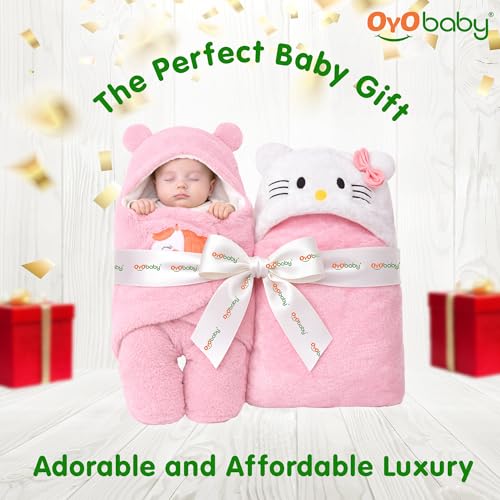 Image of OYO BABY Newborn Blanket Combo Pack | Hooded Sleeping Bag Wrapper & Baby Bath Towel | Soft & Durable Polycotton Fabric | Comfortable in All Seasons | Easy Care | 0-12 Months | Pink Kitty & Unicorn