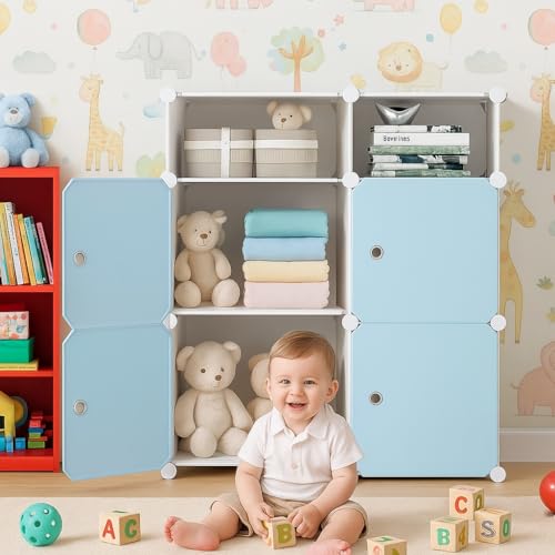 Image of Mevigo Plastic Wardrobe for Kids and Baby-Cupboard for Clothes, Almirah for Clothes, Baby Collapsible Wardrobe, Multi-Purpose Kids Storage Rack for Home Books,Toy,Living Room (Blue- HD2, 4+2- Door)