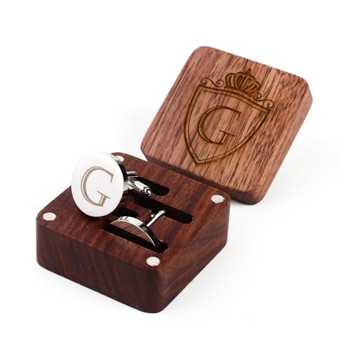 Image of Mens Initial Silver Cufflinks A-Z Alphabet Letter Steel Cuff Links with Engraved Walnut Wood Box Groom Groomsman Wedding Set