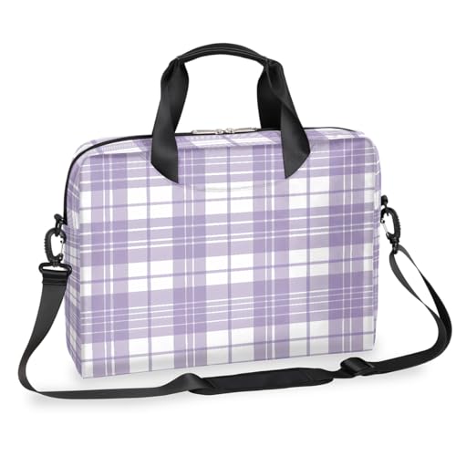Maletín para laptop con estampado a cuadros púrpura y blanco miniatura 1