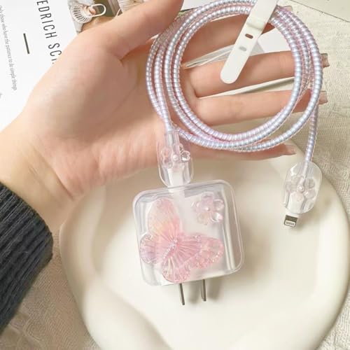 Image of Compatible with iPhone Cute Cat Charger Case Cover | Cartoon Character Silicone Charger Case Cover for 18-20W 360 Degree Full Protection Cover (Flower Butterfly NEW)