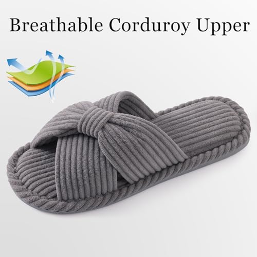 Image of Evshine Summer House Slippers for Women Corduroy Cross Bow Indoor Slippers Open Toe Slip On Bedroom Shoes with Memory Foam