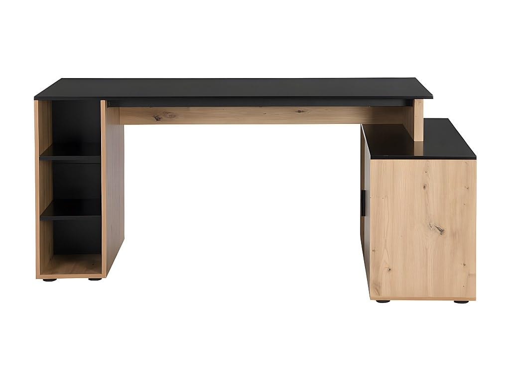 Bureau d'angle avec espace de rangement - MDF - Noir & Naturel - ROMIARA