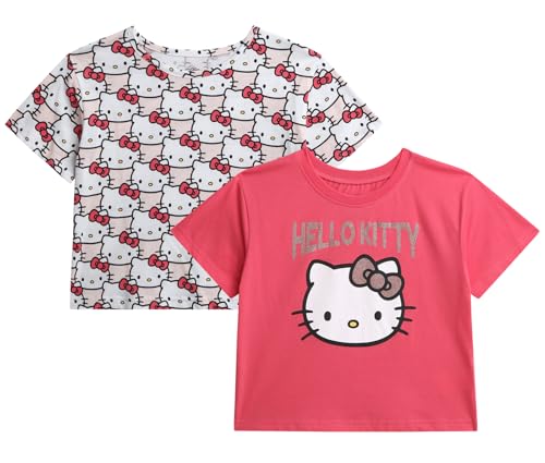 Image of Hello Kitty Girls Shirts - 2 Pack Cotton Blend Short Sleeve Tops - Crewneck Cute Graphic Girls Tee Shirt Pack