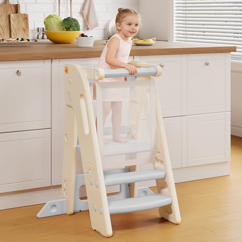 Torre de Aprendizaje Niños, Plegable, Torre de Aprendizaje Montessori, Escalón para niños Ajustable en Altura de 2 a 3 escalones, Torre Aprendizaje para Cocina, baño y lavabos (Blanco Crema)