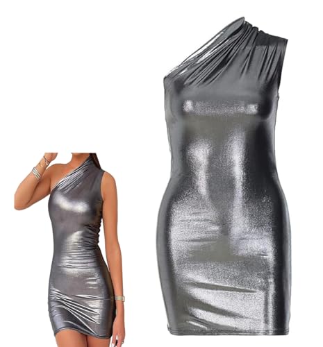 Robe Brillante Moulante Froncée Métallique à Une Épaule - Mini Jupe de Hanche Effet Mouillé - Cocktail Sexy Sans Manches en Cuir PU - Crayon Coupe Ajustée