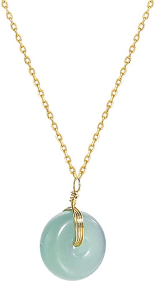 Natural Green Jade Donut Necklace for Women, Green Healing Gemstone Pendant Choker, Gold Plated Circle Pendant with Good Luck, Gift for Women, Mom, Length adjustable, 18''