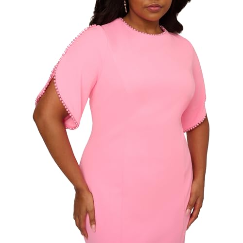 Image of Adrianna Papell Women's Knit Crepe Pearl Midi Dress | Knee Length Cocktail Dress with Pearl Trim & Tailored Fit