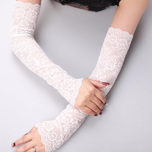 Lace Arm Sleeves For Women, Long Lace Fingerless Gloves, Elegant Tea Party Gloves for Dress Cocktail Opera Parties (White)3