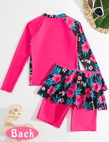Image of Girls Rash Guard 2 Pieces Bathing Suit Long Sleeve Swimsuit Swimming Skirt with Shorts Sun Protection Swimwear