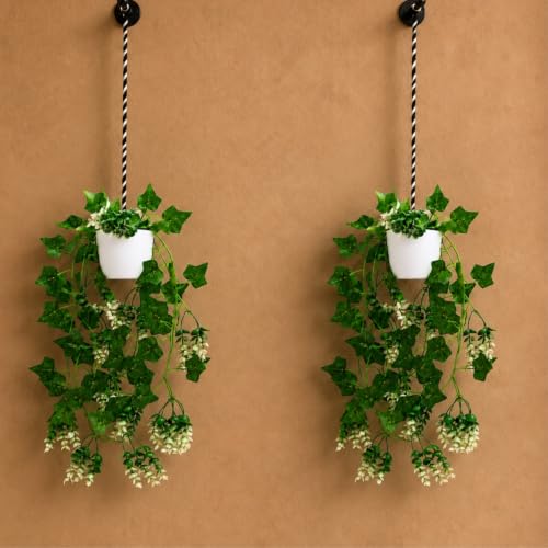 Image of fancymart Artificial Hanging Ivy Plant with White Hanging Pot & Rope, 60 cm Height, Pack of 2, Realistic Green Leaf Creeper for Home, Office, Living Room & Wall Decor