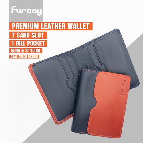 Leather Wallets for Men - Slim Bifold Wallet | Stylish Two-Color Design Thin Leather Front Pocket Wallet | 6-10 cards with Cash Compartment (DarkBlue/Red)2