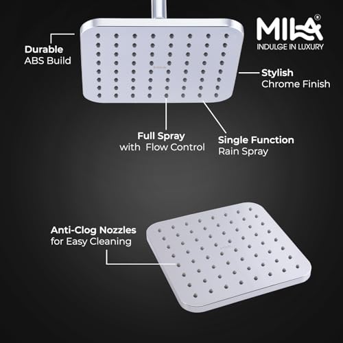 Image of Mila Serene Rain Shower| Chrome Finish Square Overhead Shower | 205x205 mm Ceiling Mounted | ABS Body| Single Function Rainfall Shower for Broad Coverage & Water Efficiency| (Without Arm)