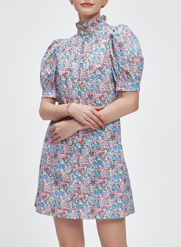 Image of Ladyful Women's Summer Floral Shift Short Sleeve Button Front Mini Dress | puff sleeve, ruffle stand neck, boho style, beach vocation, 100% cotton, loose fit, shirt sundress