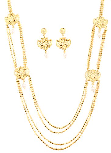 New! Touchstone Rani Haar Collection Long Multi Layer Indian Bollywood Finely Crafted and Embossed Work Golden Balls Strings Designer Jewelry Necklace Set in Gold Tone for Women.