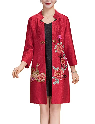 Women's Traditional Embroidery Mandarin Duck Flowers Crinkled One Button Blazer Chinese Jacket