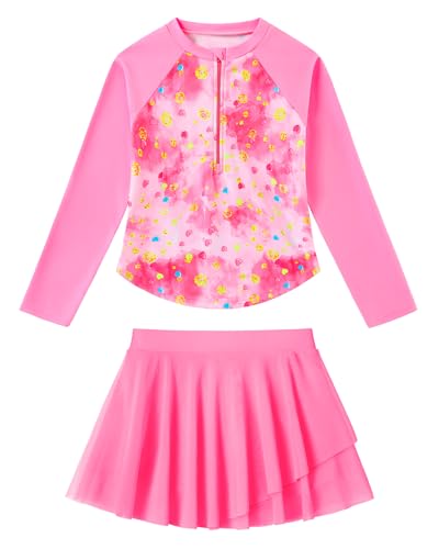 Image of Girls Rash Guard Swimsuit Long Sleeve Bathing Suits with Swim Skirt Shorts Two Piece Sun Protection Swimwear for 3-12 Years
