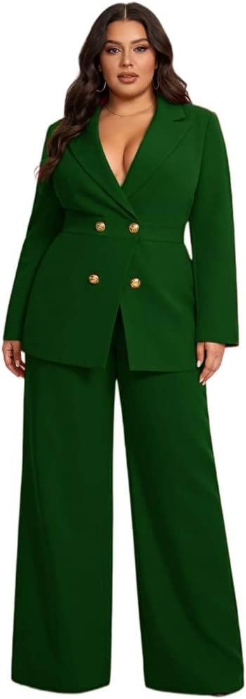 Womens Plus Size 2 Piece Blazer Set Oversized Blazer Wide Leg Pants Business Casual Suit for Work Office