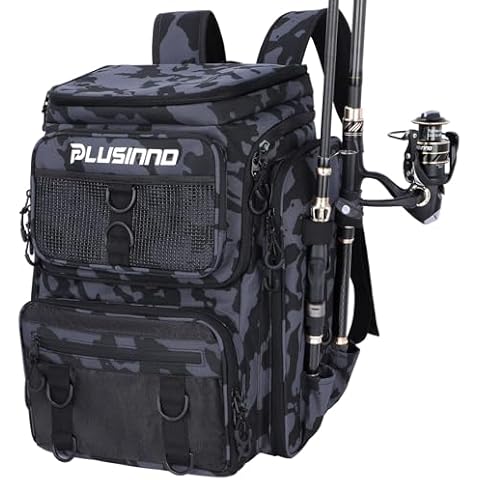 PLUSINNO Fishing Backpack with Rod Holders, 42L Large Water-Resistant Fishing Tackle Bag Store Fishing Gear for Fishing, Camping, Hiking, Fishing Gifts for Men Father, Black Camo Cover