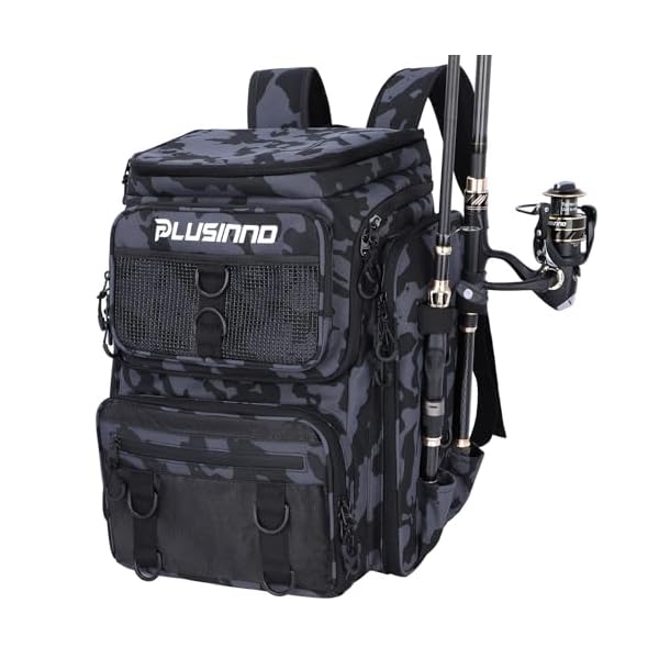 PLUSINNO Fishing Backpack with Rod Holders, 42L Large Water-Resistant Fishing Tackle Bag Store Fishing Gear for Fishing, Camping, Hiking, Fishing Gifts for Men Father