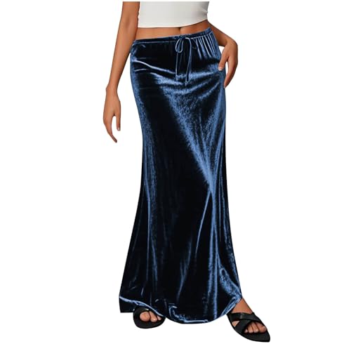 Women Velvet Maxi Skirt, Fashion High Waist Tie-Up Casual Skirts A-Line Swing Loose Clothes