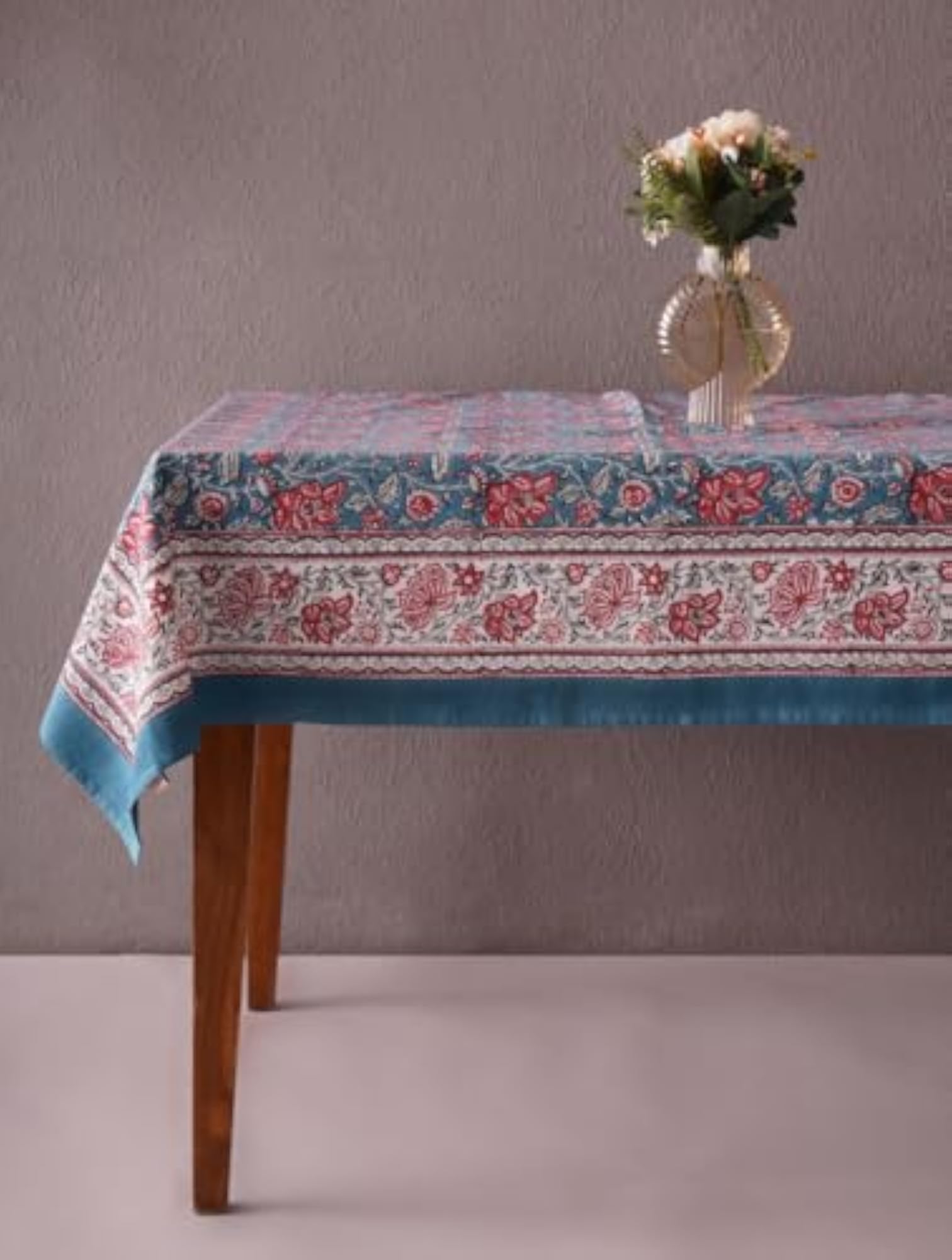 Blue Cotton Block Print Table Cloth, Rectangle