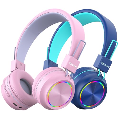 iClever 2 Pack Bluetooth Kinder Kopfhörer, Bunte Lichter LED, 85dBA Lautstärkebegrenzung, Faltbare, Einstellbar, Kabellos und Kabel, Eingebautes Mikrofon für Schule