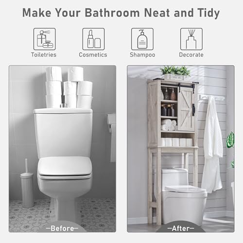 Image of OKD Over The Toilet Storage Cabinet, Farmhouse Storage Cabinet Over Toilet with Sliding Barn Door & Adjustable Shelves, Home Space Saver for Bathroom, Living Room, Antique Brush White