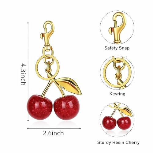 Image of Cherry Keychain with Gold-Tone Keyring and Safety Snap Hook, Red Cherry Charm Design
