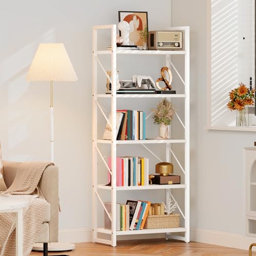 DWVO 5 Tier Bookshelf, White Book Shelf Modern Bookcase, Display Rack Book Storage Organizer for CD/Movie/Book, Bookshelves for Bedroom Office Living Room, White