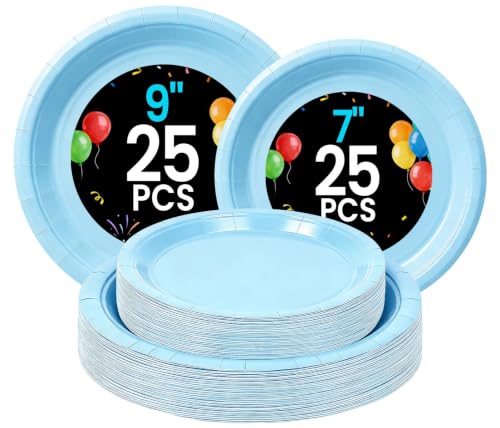 LANLISA 50 Light Blue Paper Plates Disposable 25-9 & 25-7 Disposable Birthday Cake Dessert Plates For Baby Shower Easter Party Supplies