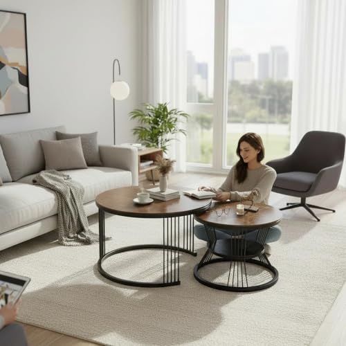 Image of RIZIK Store Iron Frame Handmade 20.5 inch x 20.5 inch Round Coffee Table /Nesting Table /Side Table /Center Table with Engineered Wood Top for Living Room /Drawing Room /Balcony (Brown Black)