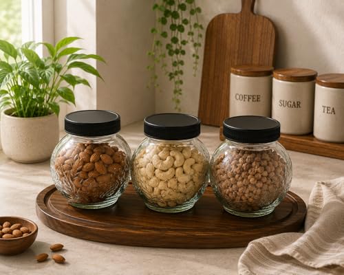 Image of Designer Transparent Glass Storage Jar with Black Plastic Airtight Lid, 900 ML Food Grade Kitchen & Pantry Storage Container, Size 8 X 14 X 14 cm, Ideal for Pulses, Dry Fruits, Pack Of 3