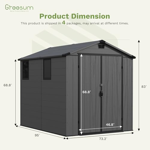 Image of Greesum 6x8FT Plastic Outdoor Storage Shed with Floor, Resin Sheds with Lockable Double Door, Tool Sheds with Window and Vents, for Backyard, Garden, Patio, Dark Gray