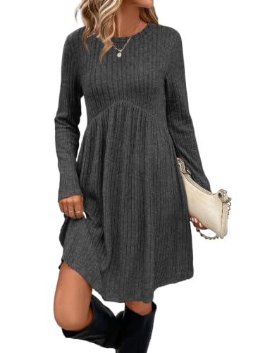 Image of OFEEFAN Long Sleeve Dress for Women Crew Neck Empire Waist Tunic Dress with Pockets